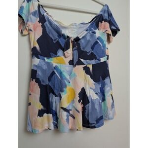 Torrid‎ Womens Plus 0X MultiColor Brushstrokes Tie-Front Off-Shoulder Peplum Top